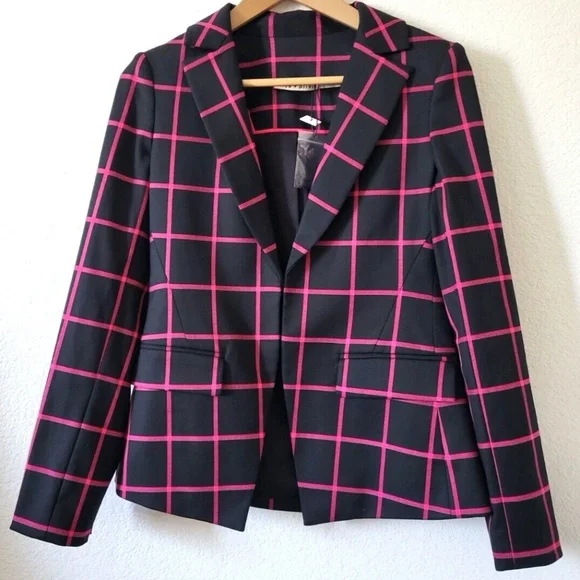 Unworn Alice + Olivia Mya Notch Collar Window Pane Black & Pink Blazer
